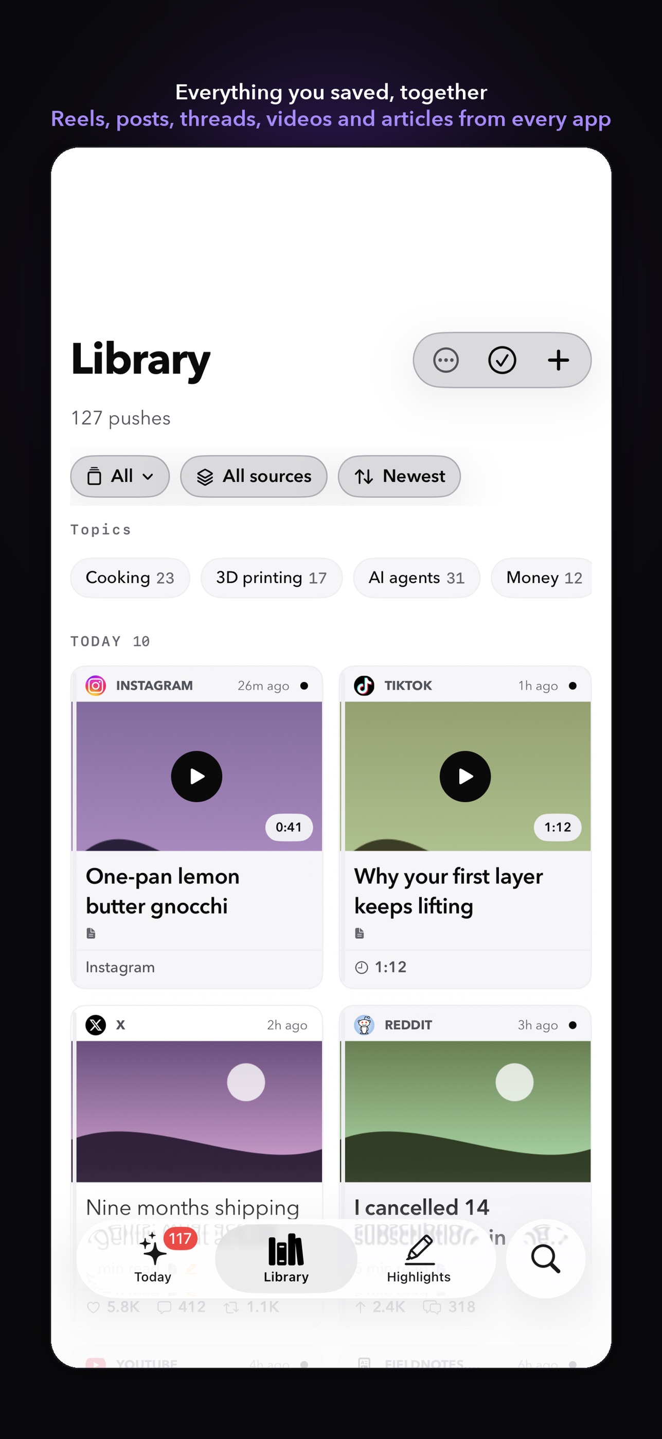 PushOS on iPhone — One place for everything you save — reels, shorts, posts, threads, videos and articles.