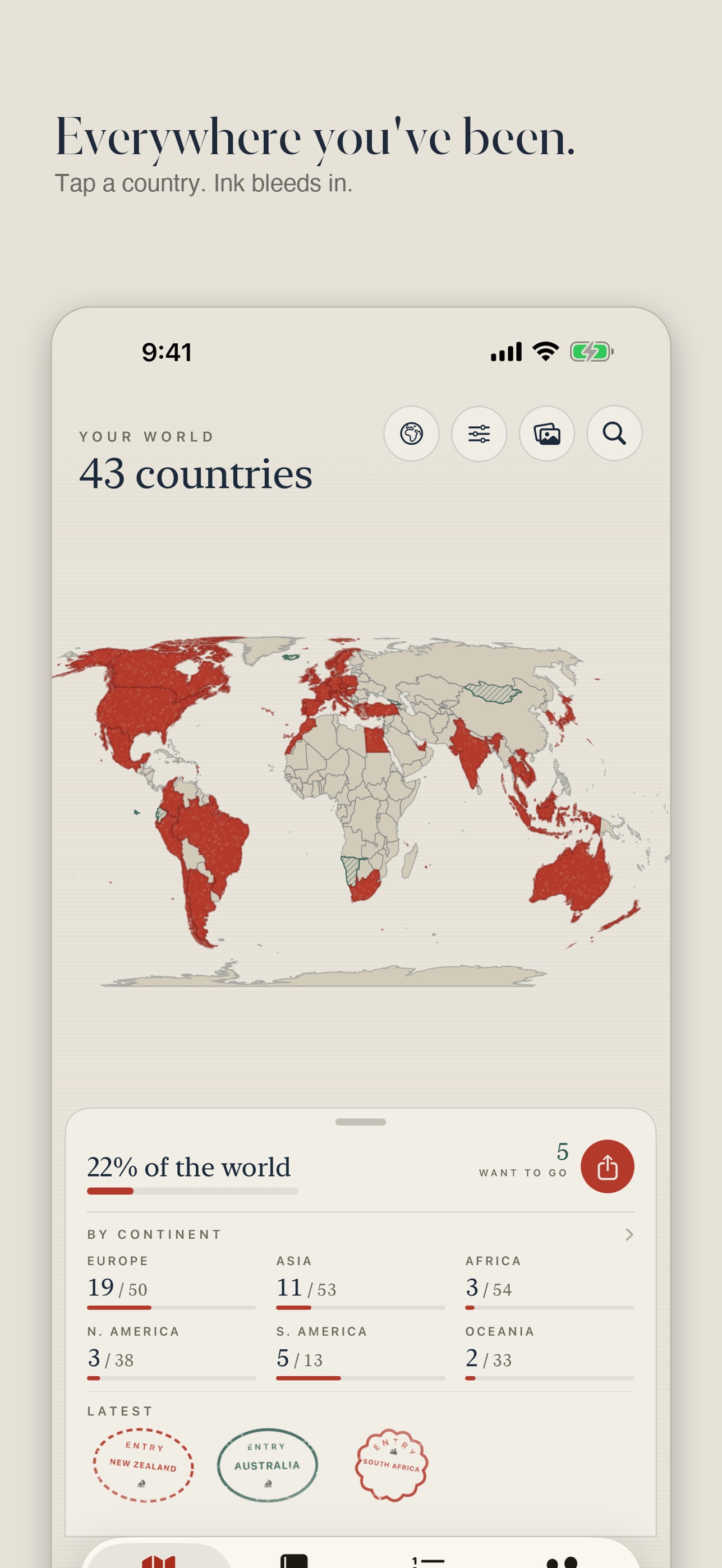 Wander on iPhone — Every country you have been to, on one map — with the stamps to prove it.